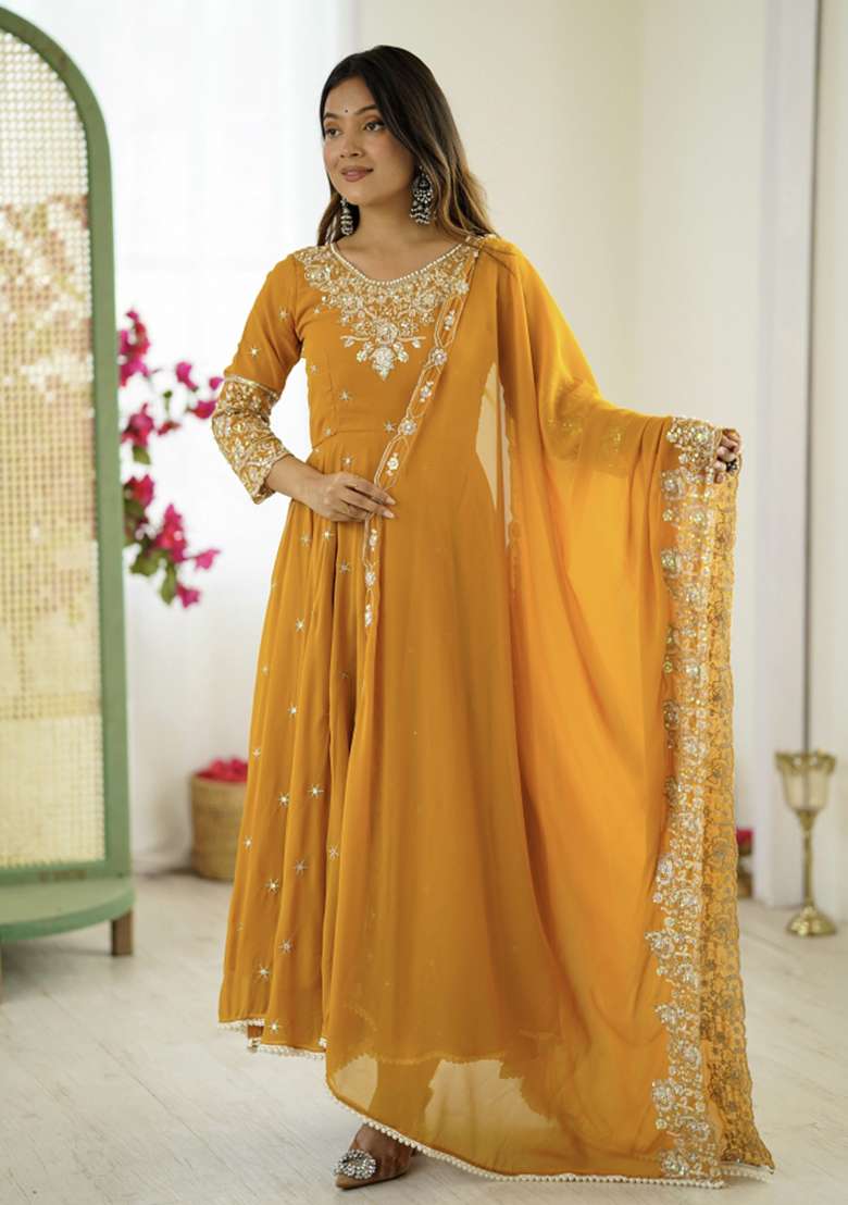 Yellow Embroidered Georgette Kurta Set - Indya