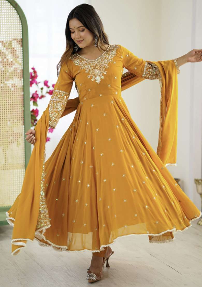 Yellow Embroidered Georgette Kurta Set - Indya