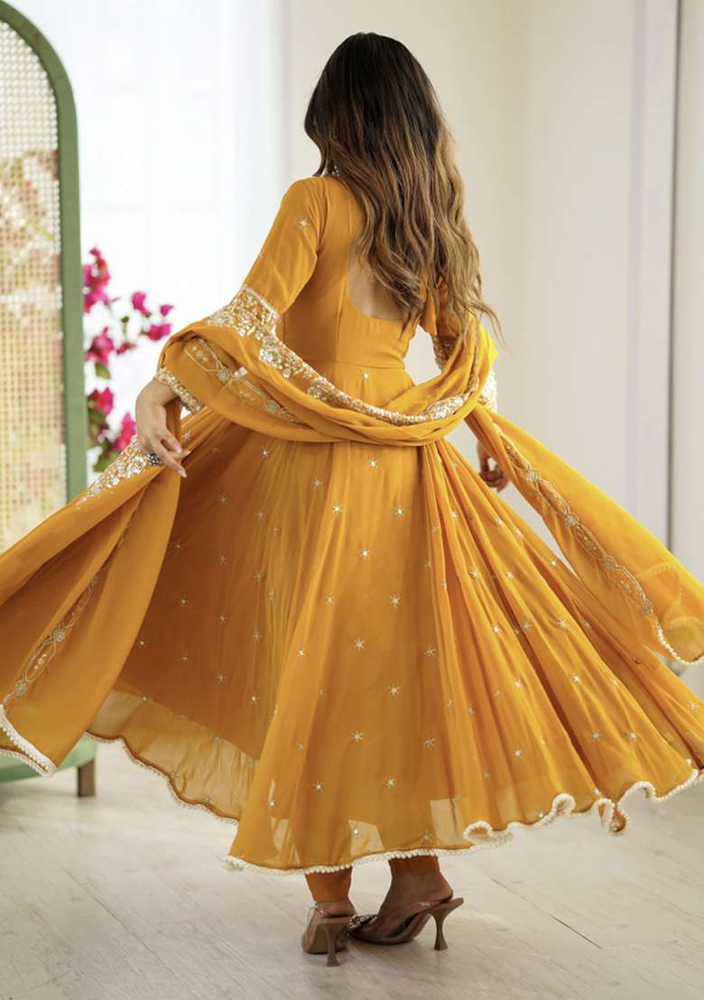 Yellow Embroidered Georgette Kurta Set - Indya