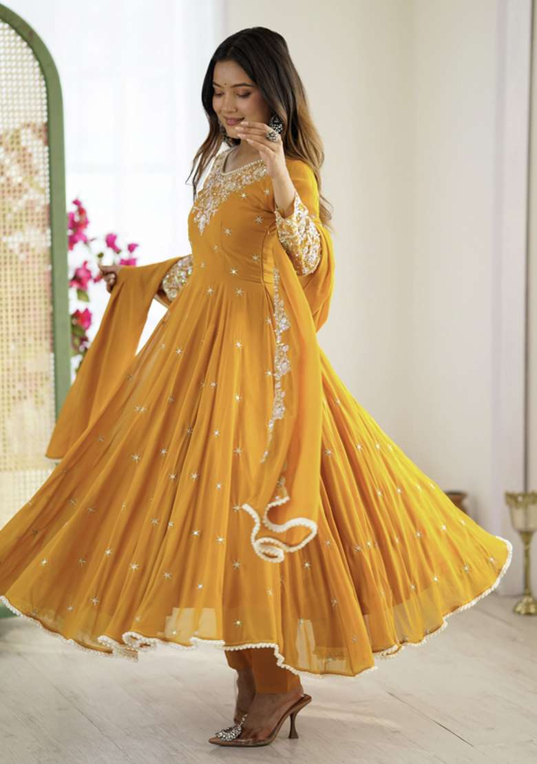 Yellow Embroidered Georgette Kurta Set - Indya