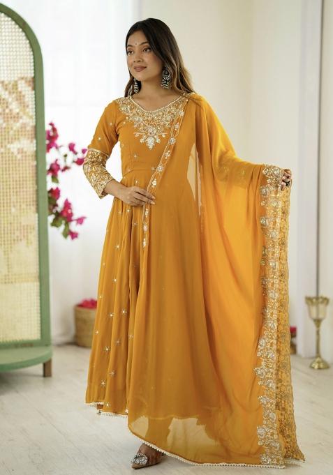Yellow Embroidered Georgette Kurta Set