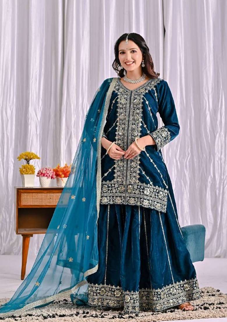 Teal Embroidered Velvet Sharara Set - Indya