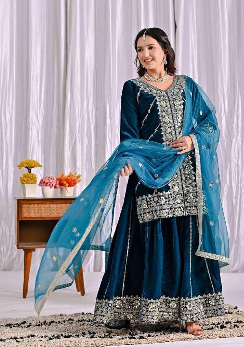 Teal Embroidered Velvet Sharara Set - Indya