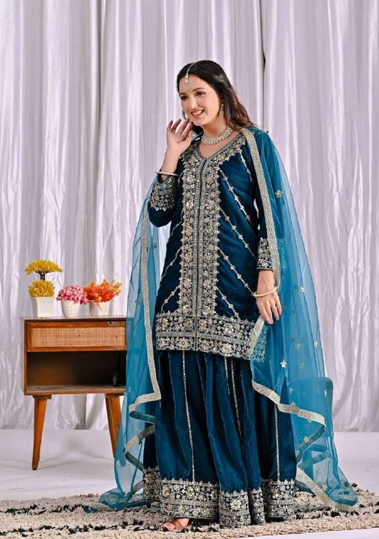Teal Embroidered Velvet Sharara Set - Indya