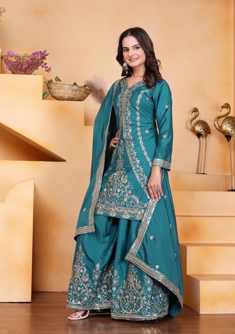 Teal Embroidered Crepe Kurta Set - Indya
