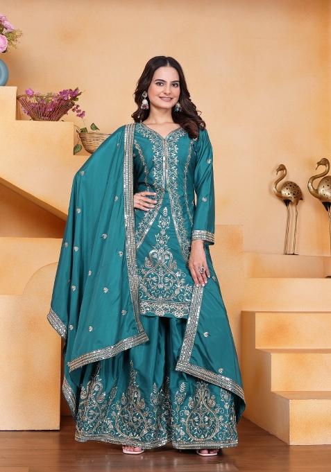 Teal Embroidered Crepe Kurta Set