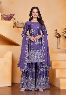 Purple Embroidered Chinon Kurta Set