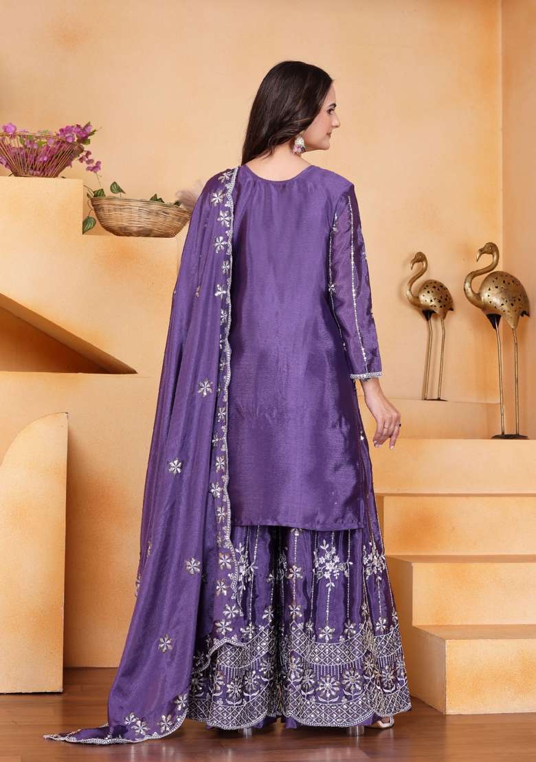 Purple Embroidered Chinon Sharara Set - Indya