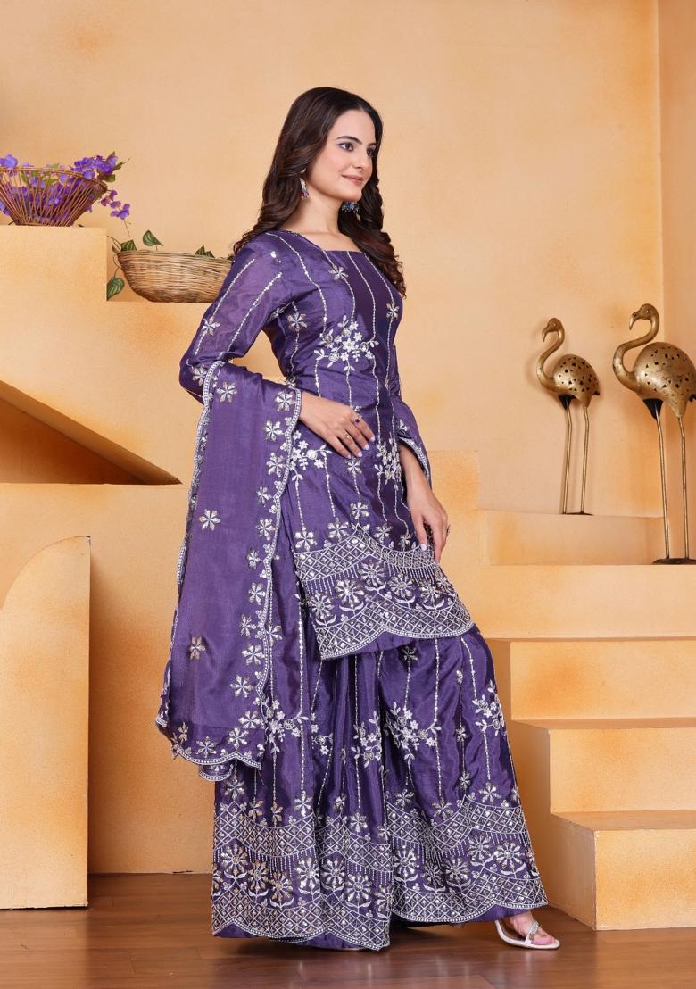 Purple Embroidered Chinon Kurta Set - Indya