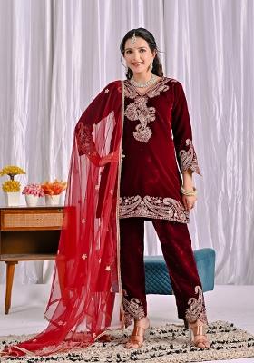 Maroon Embroidered Velvet Kurta Set