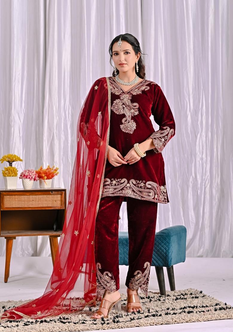 Maroon Embroidered Velvet Kurta Set - Indya