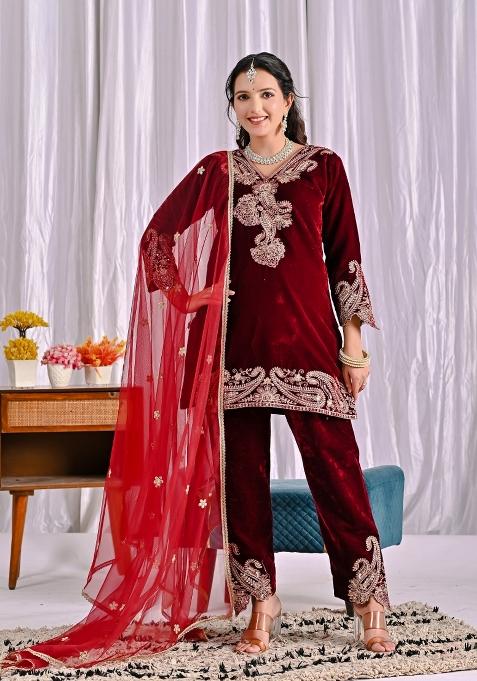 Maroon Embroidered Velvet Kurta Set
