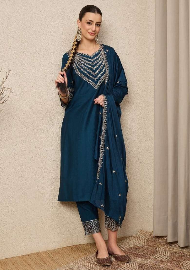 Multicolor Sequins Silk Kurta Set - Indya