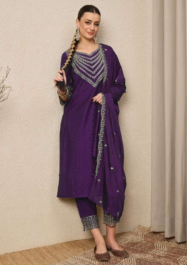 Multicolor Sequins Silk Kurta Set - Indya