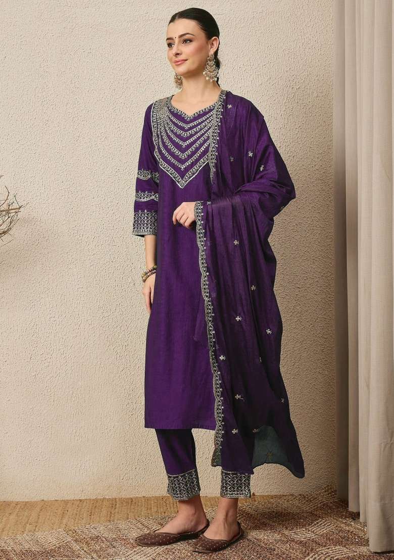 Multicolor Sequins Silk Kurta Set - Indya