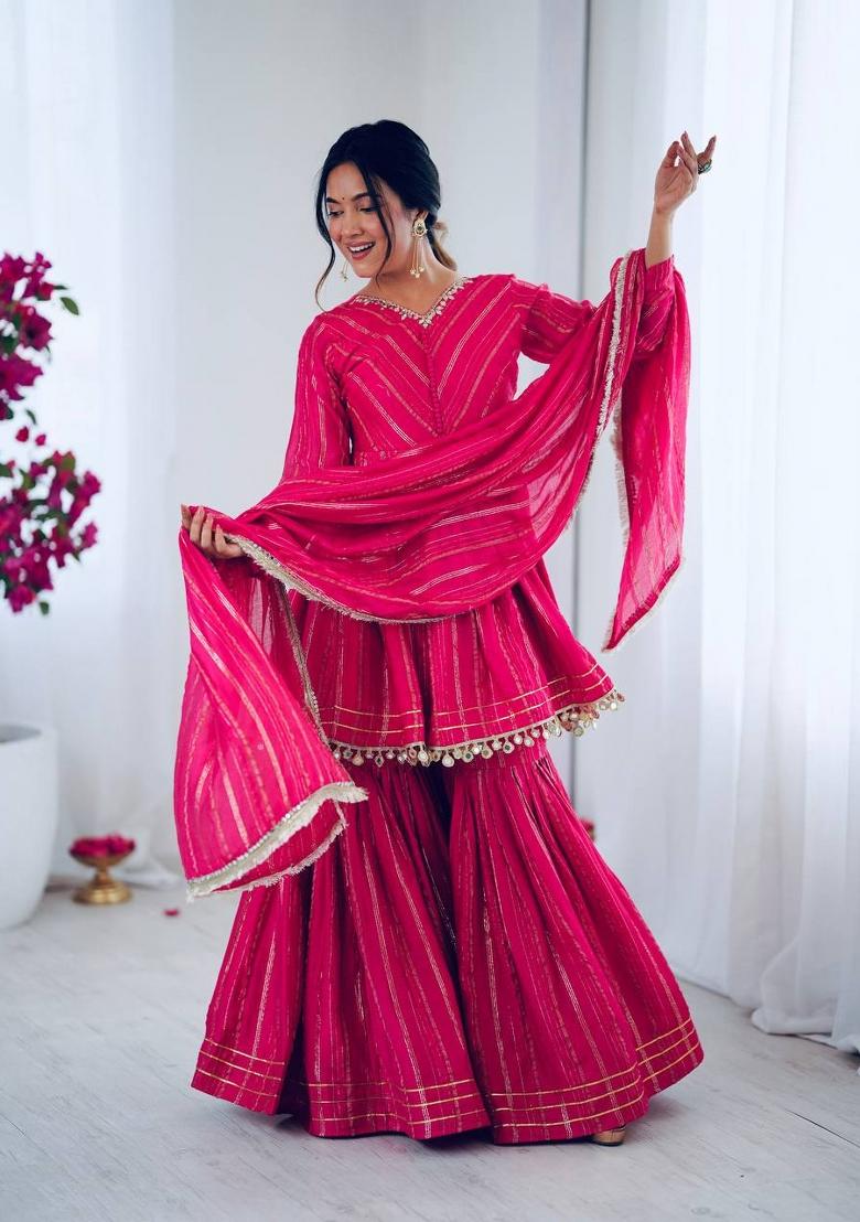 Pink Mirror Work Chanderi Kurta Set - Indya