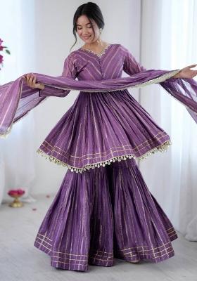 Purple Mirror Work Chanderi Kurta Set