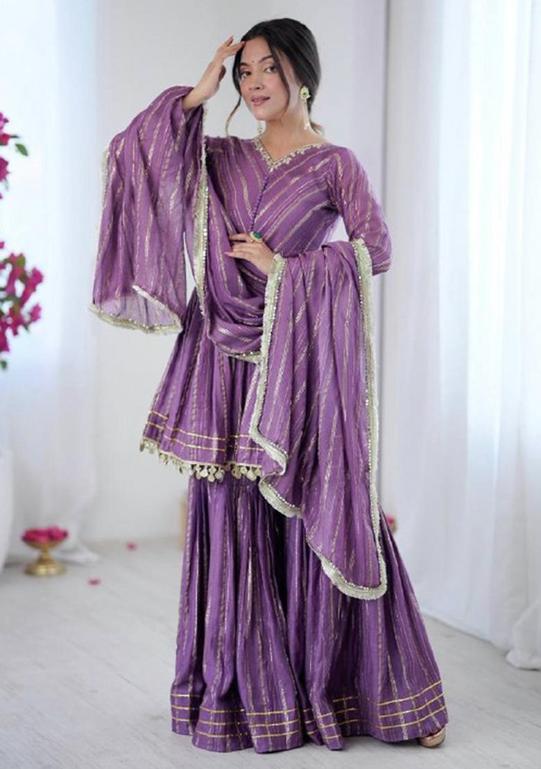 Purple Mirror Work Chanderi Kurta Set - Indya