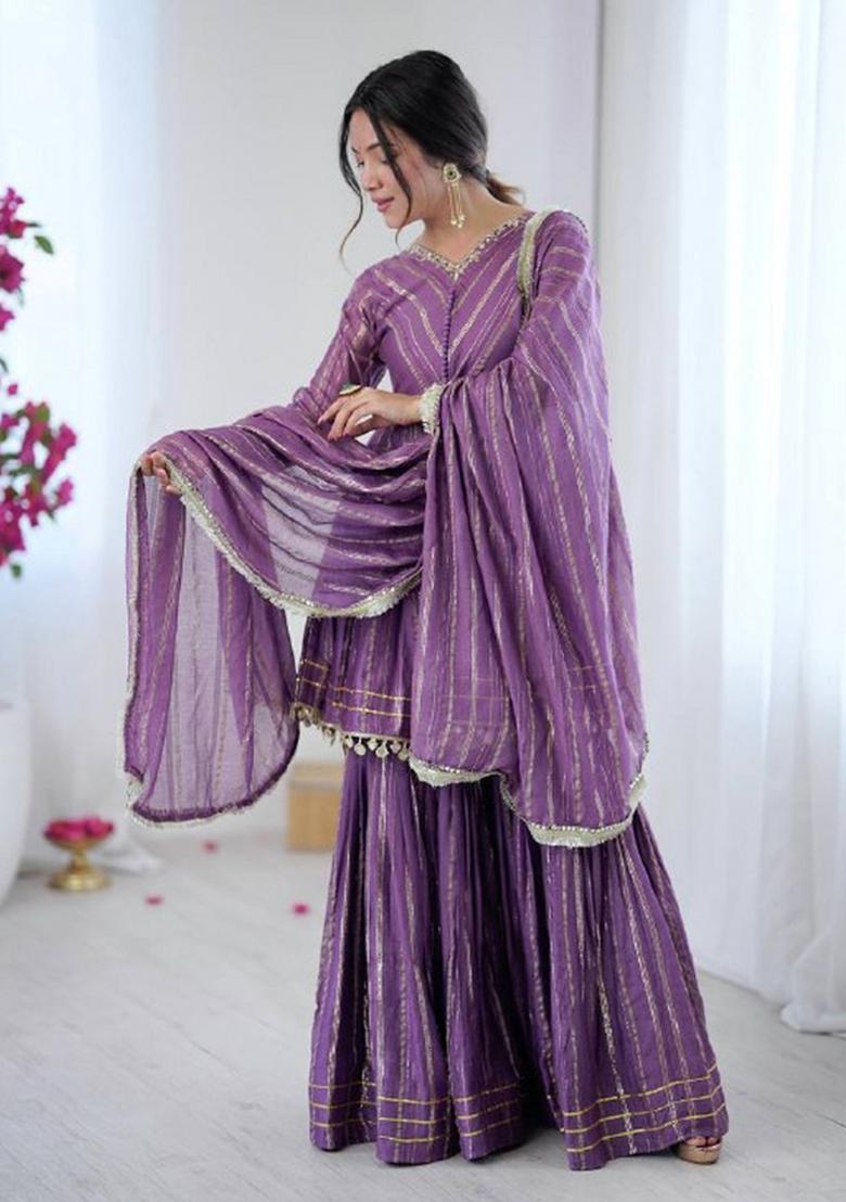 Purple Mirror Work Chanderi Kurta Set - Indya