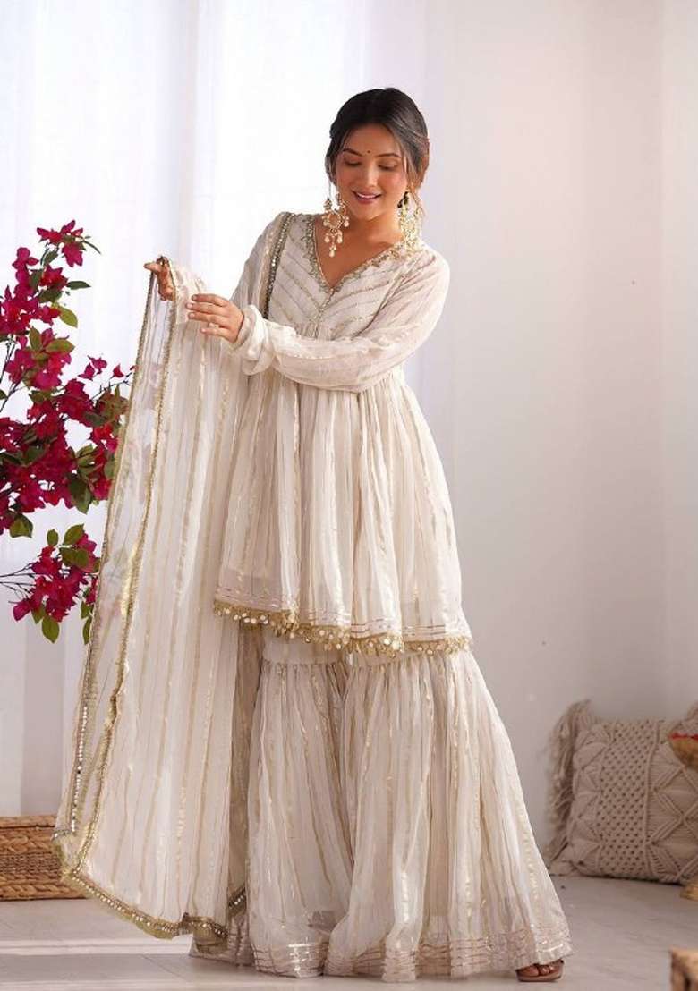 White Mirror Work Chanderi Kurta Set - Indya