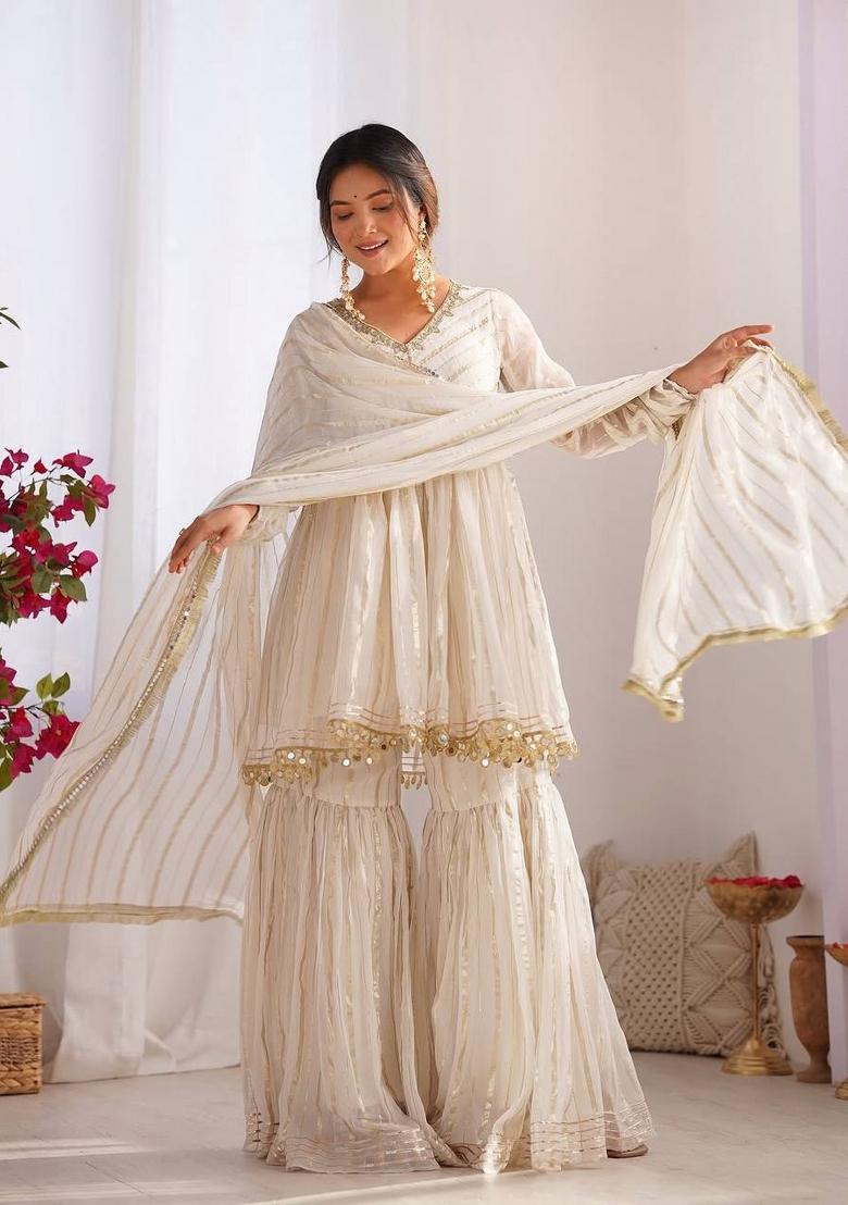White Mirror Work Chanderi Kurta Set - Indya