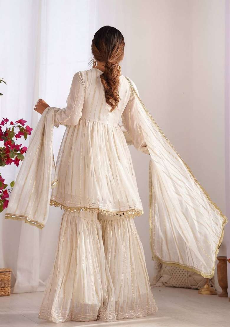 White Mirror Work Chanderi Kurta Set - Indya