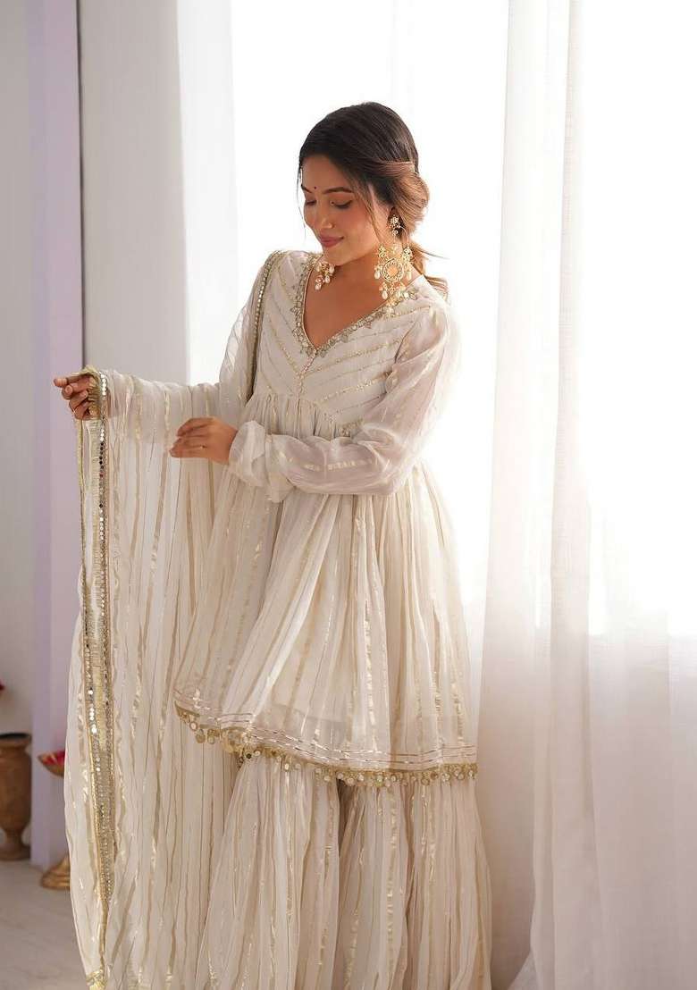 White Mirror Work Chanderi Kurta Set - Indya