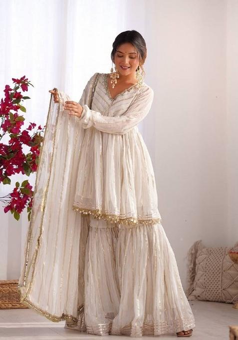 White Mirror Work Chanderi Kurta Set