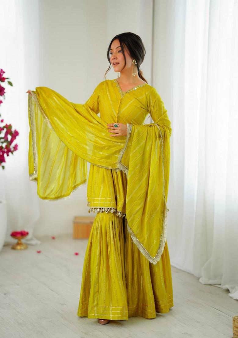 Yellow Mirror Work Chanderi Kurta Set - Indya