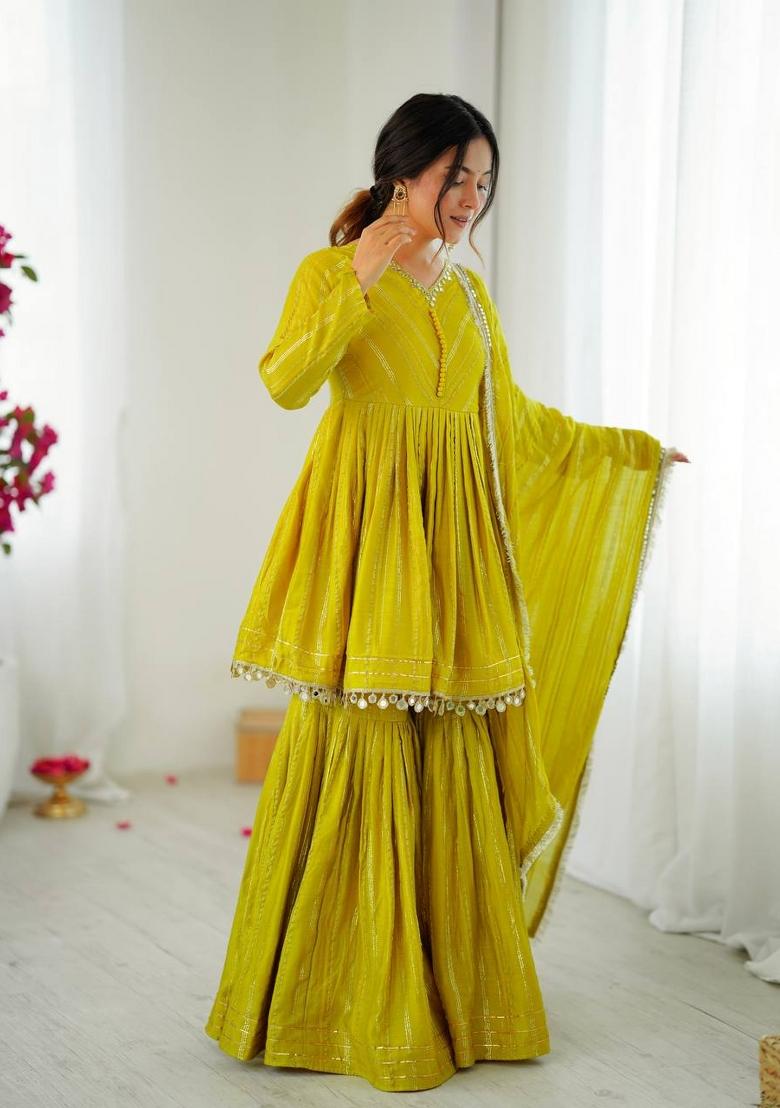 Yellow Mirror Work Chanderi Kurta Set - Indya