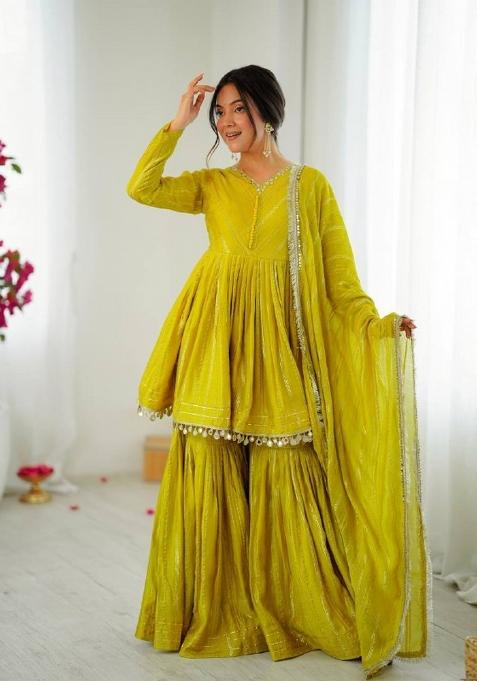 Yellow Mirror Work Chanderi Kurta Set