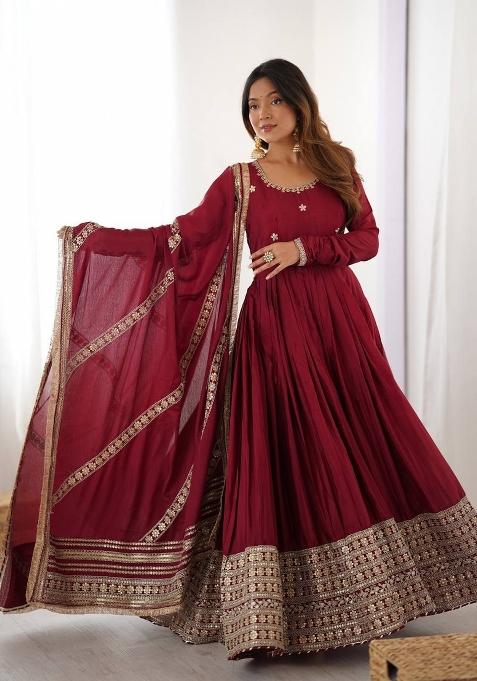 Maroon Sequins Silk Kurta Set