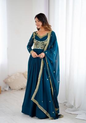 Teal Embroidered Georgette Kurta Set