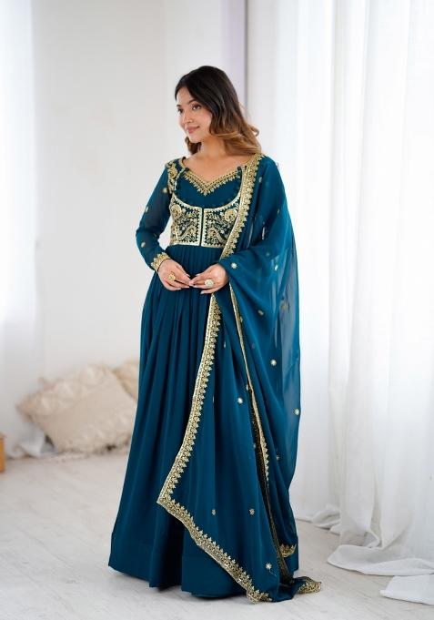 Teal Embroidered Georgette Kurta Set
