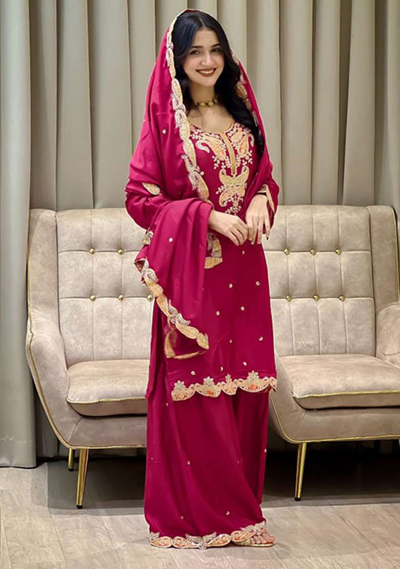 Pink Embroidered Silk Blend Sharara Set - Indya