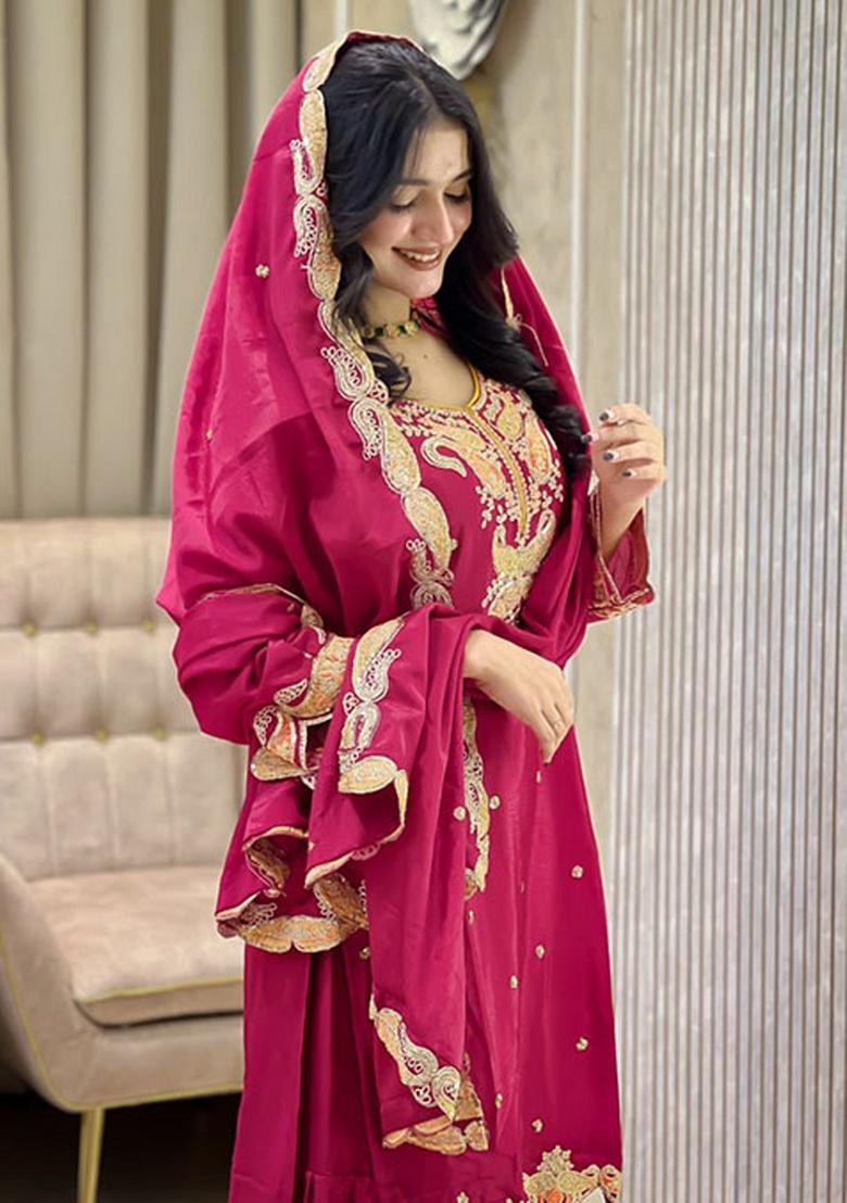 Pink Embroidery Silk Kurta Set - Indya