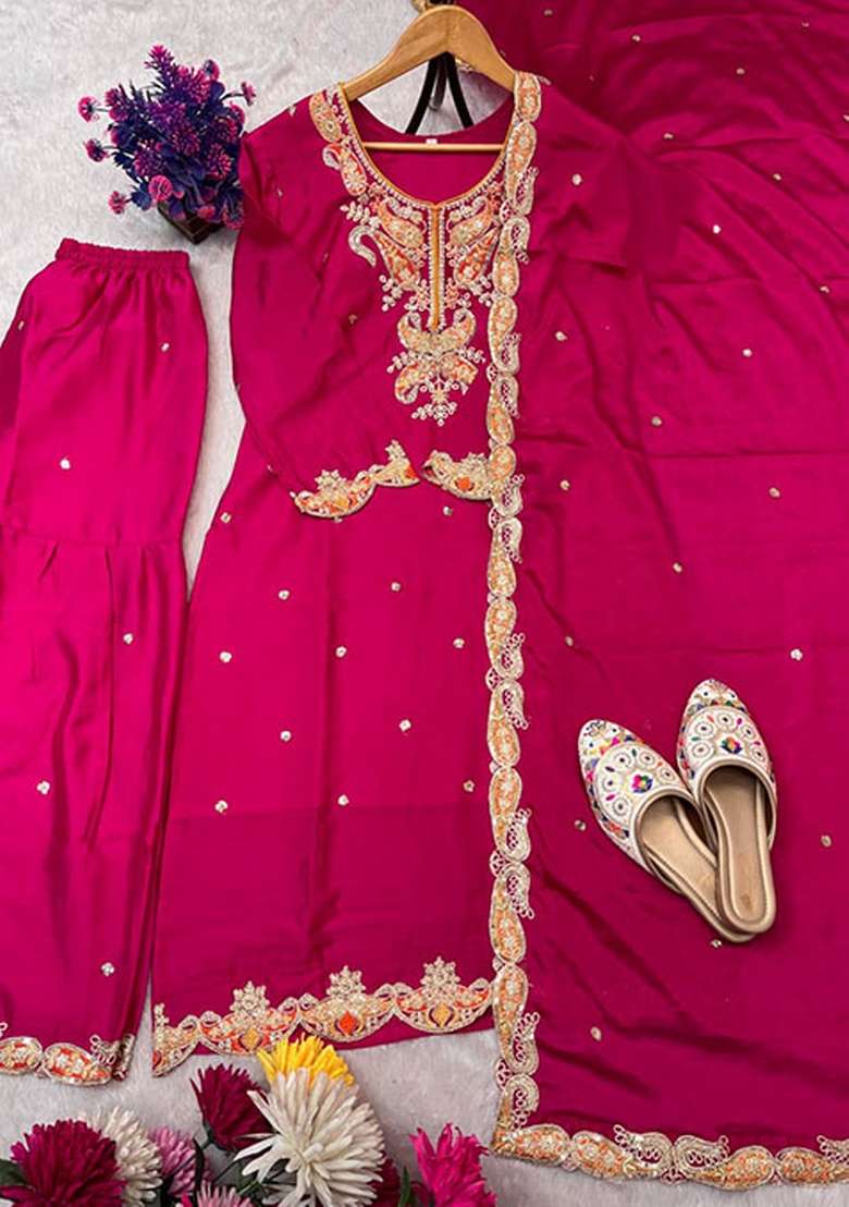 Pink Embroidered Silk Blend Sharara Set - Indya