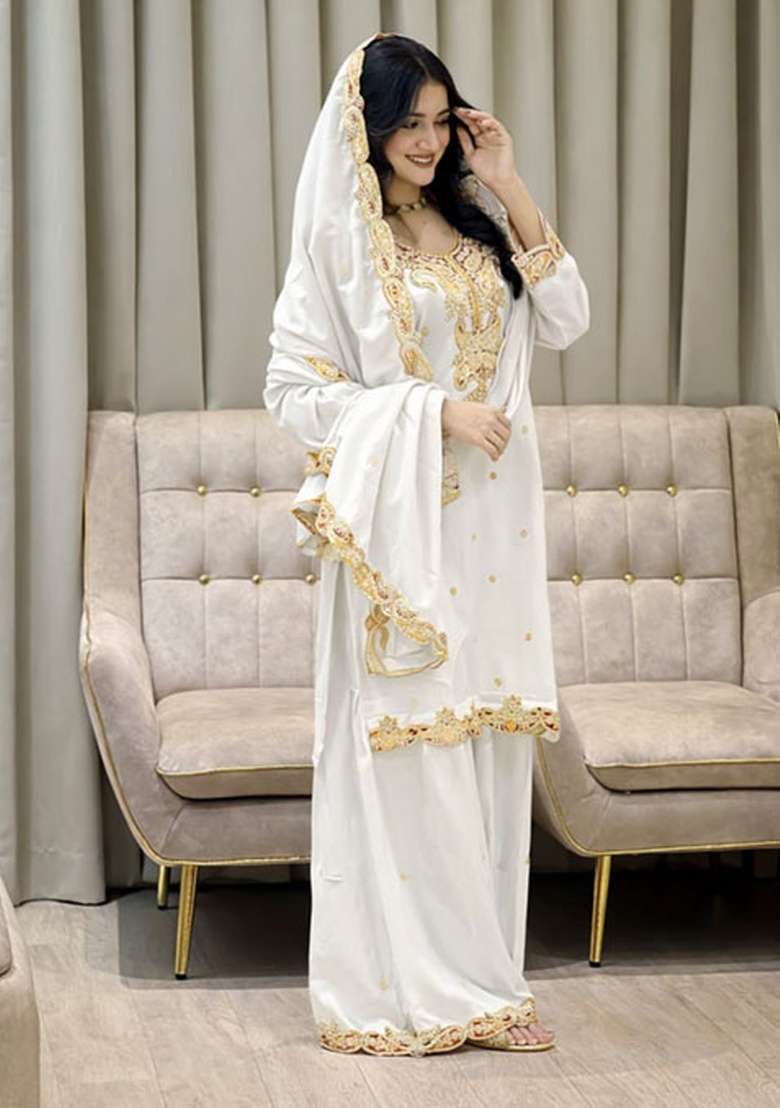 White Embroidered Silk Blend Kaftan - Indya