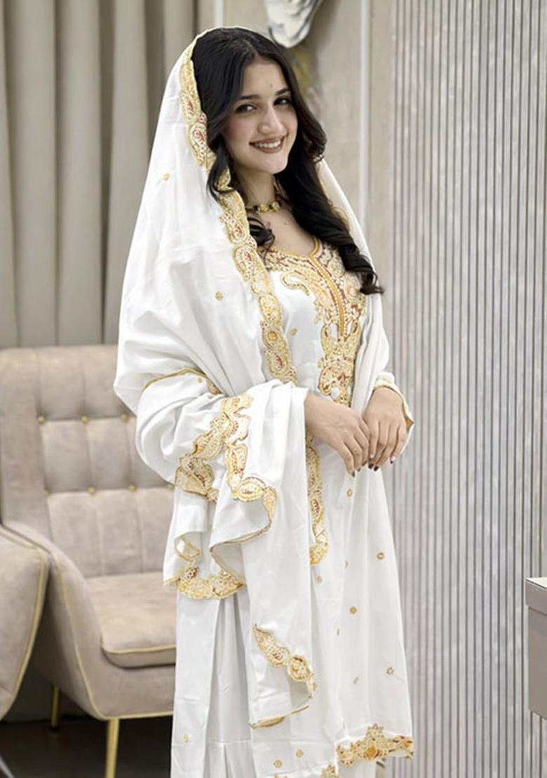 White Embroidery Silk Kurta Set - Indya