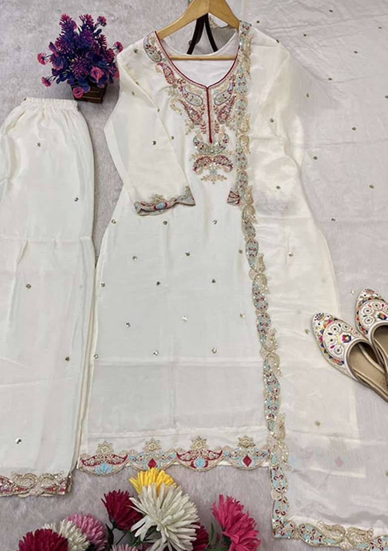 White Embroidered Silk Blend Kaftan - Indya