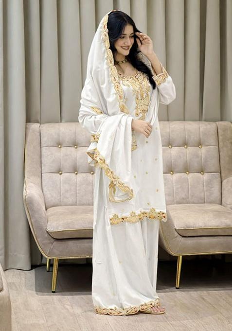 White Embroidered Silk Blend Kaftan