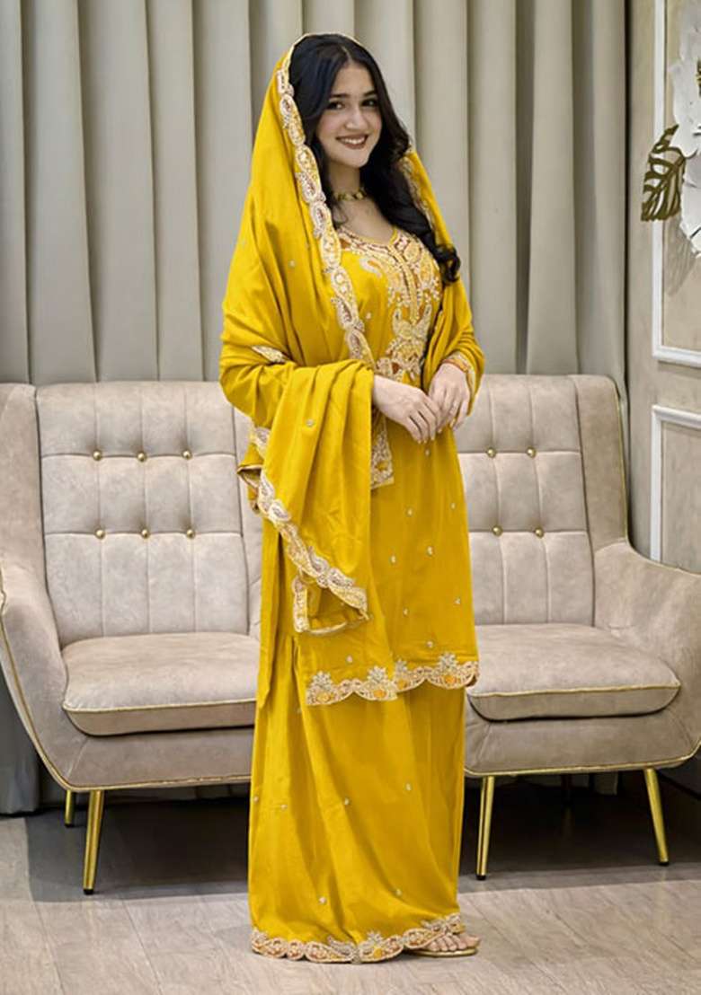 Yellow Embroidered Silk Blend Sharara Set - Indya