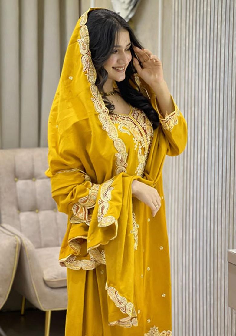 Yellow Embroidery Silk Kurta Set - Indya