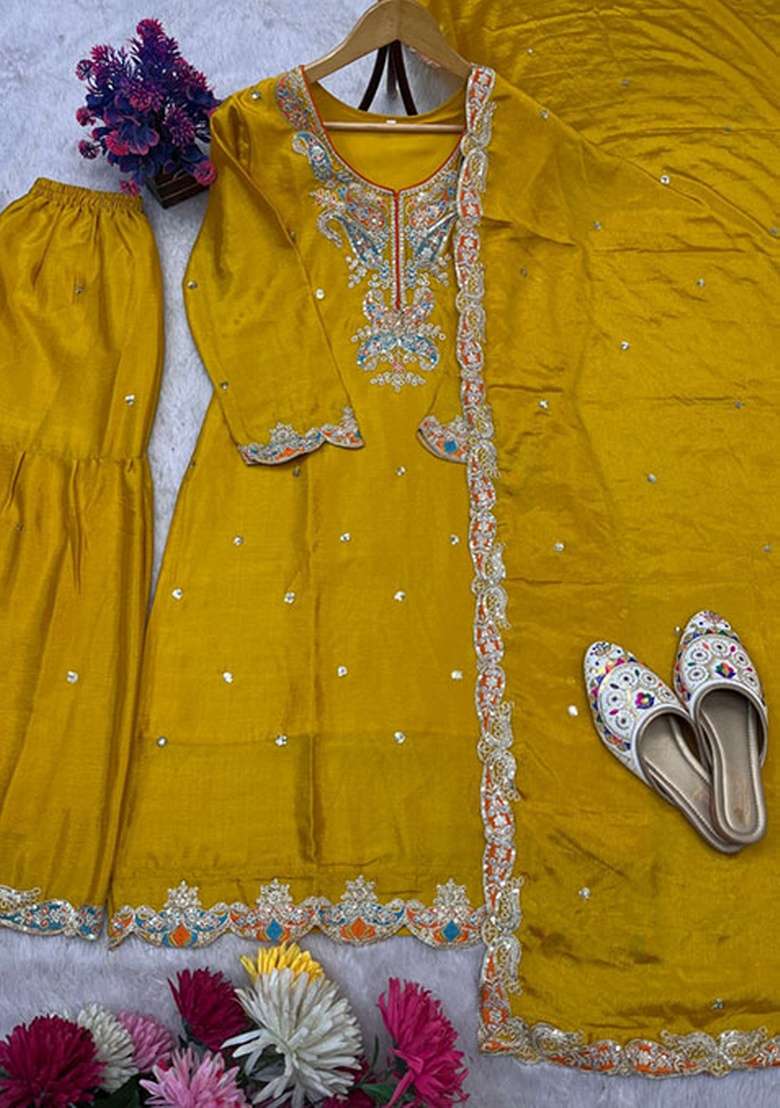 Yellow Embroidered Silk Blend Sharara Set - Indya