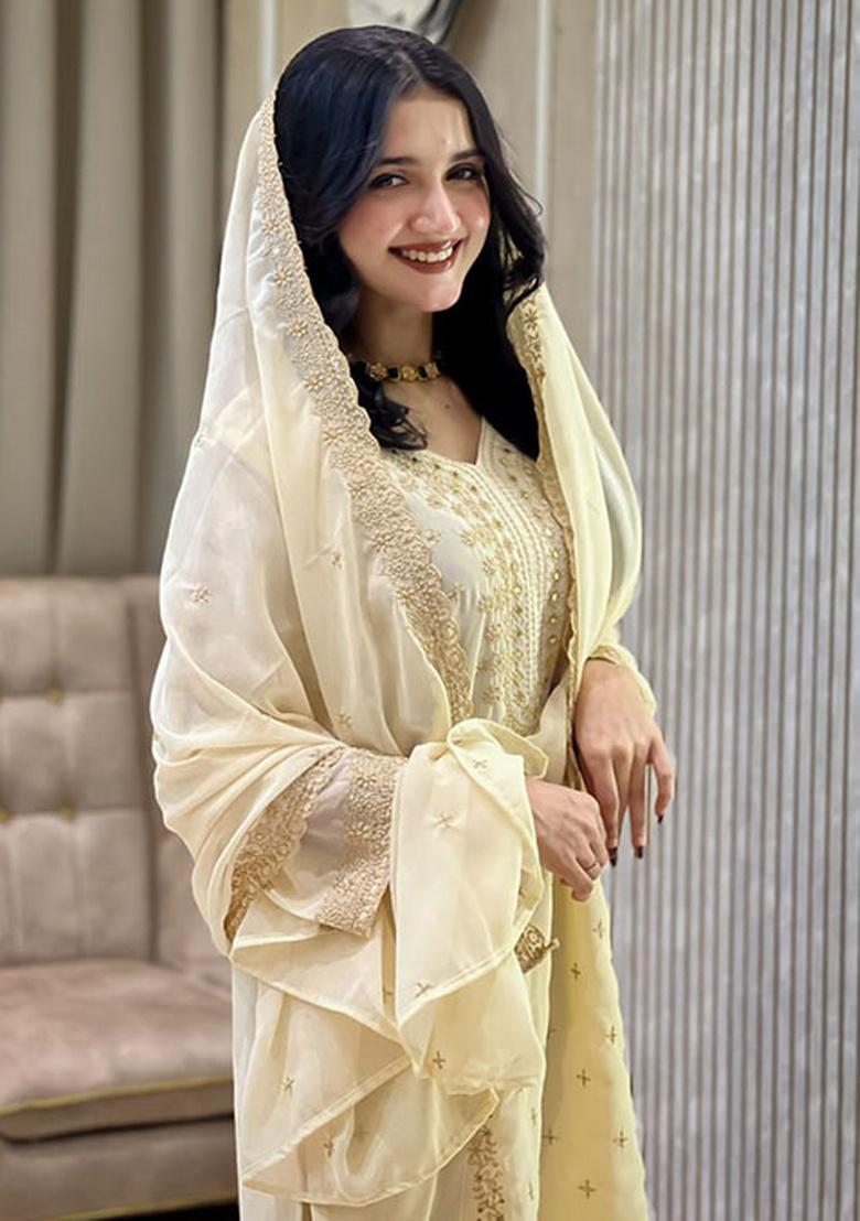 White Embroidery Georgette Kurta Set - Indya