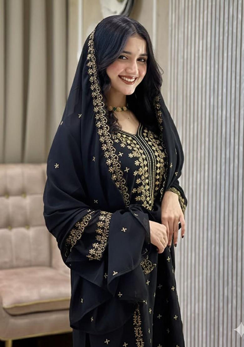 Black Embroidery Georgette Kurta Set - Indya