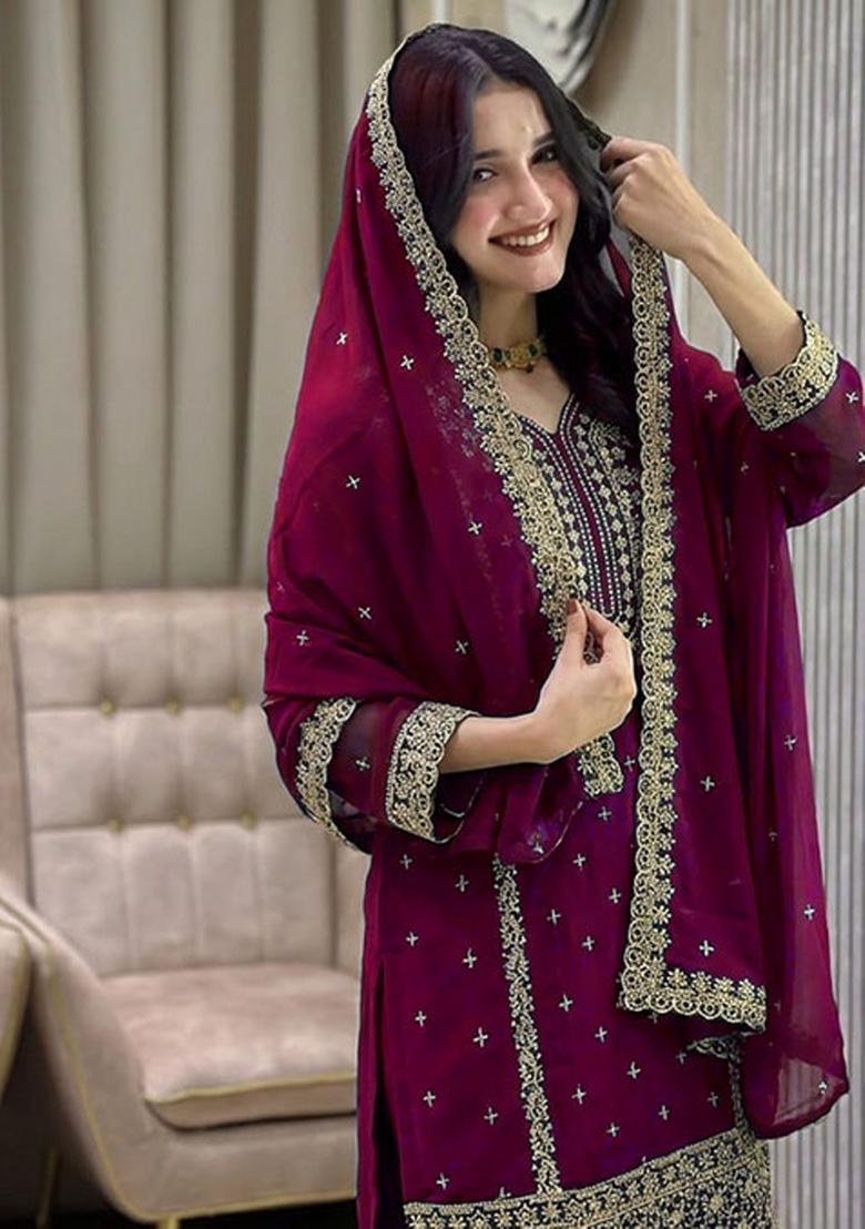 Purple Embroidery Georgette Kurta Set - Indya