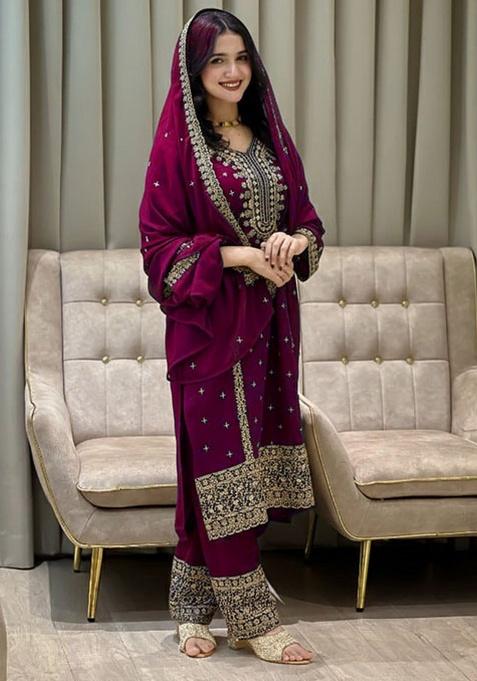 Purple Embroidery Georgette Kurta Set