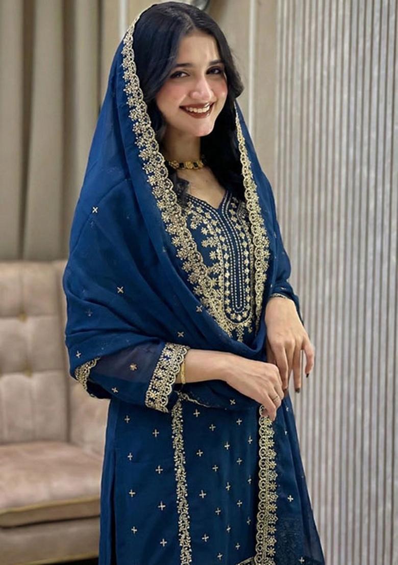 Blue Embroidery Georgette Kurta Set - Indya