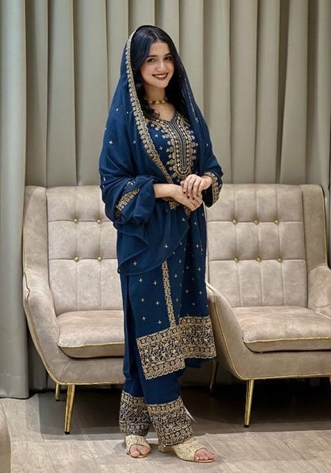 Blue Embroidery Georgette Kurta Set